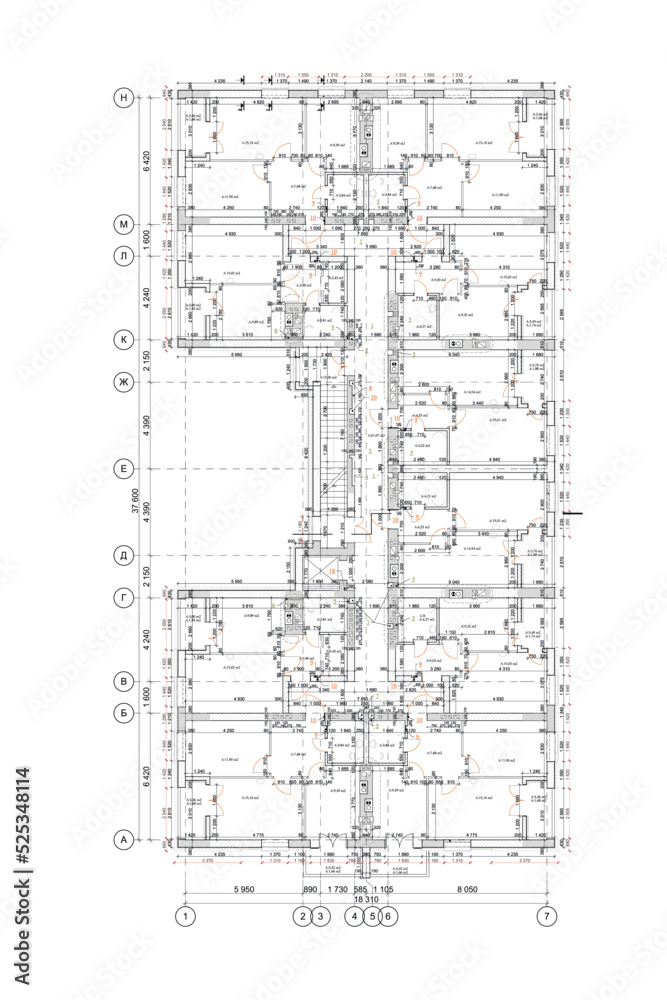 Multistory building detailed architectural technical drawing, vector blueprint floorplan layout Multistory building detailed architectural technical drawing, vector blueprint floorplan layout