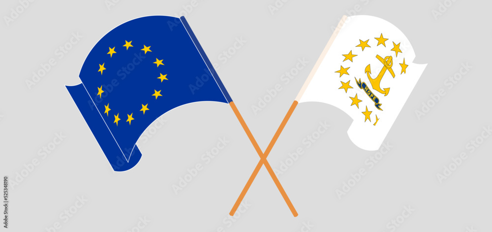 Crossed and waving flags of the European Union and the State of Rhode Island Crossed and waving flags of the European Union and the State of Rhode Island