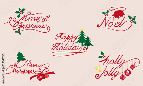 Set of Christmas Calligraphy. Merry Christmas, Happy holiday, Noe and Holly Jolly decorative typography for winter holiday design.  Christmas design elements collection. Vector illustration.