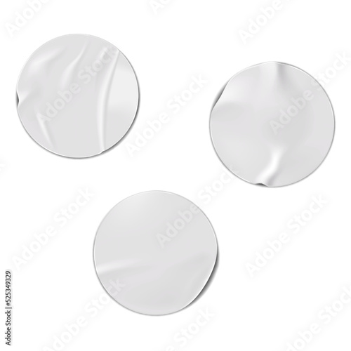 Round blank white crumpled paper or plastic sticker realistic vector mock-up set. Wrinkled adhesive circle label mockup