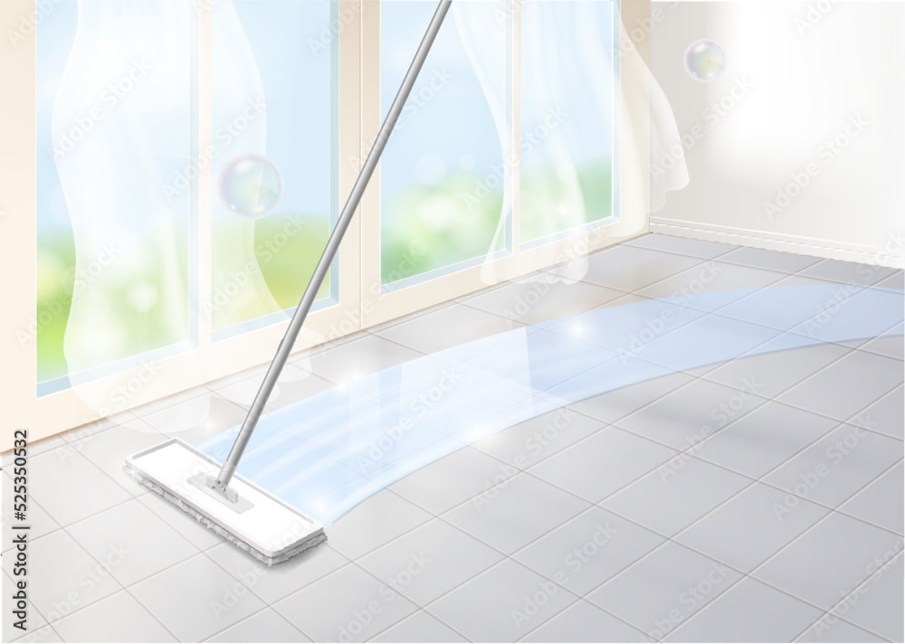 Stockvector Realistic mop cleaning tile floor in empty shining