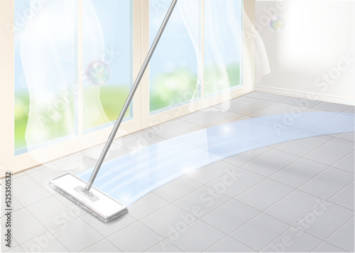 Realistic mop cleaning tile floor in empty shining room. Clean window and cleaned surface. Mop wiping white tiled floor indoors.