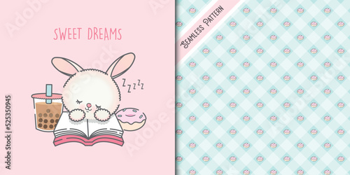 cute sleeping bunny on a book and donuts seamless patetrn