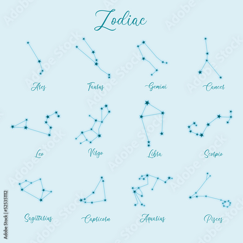 Constellation zodiac signs blue on blue background
