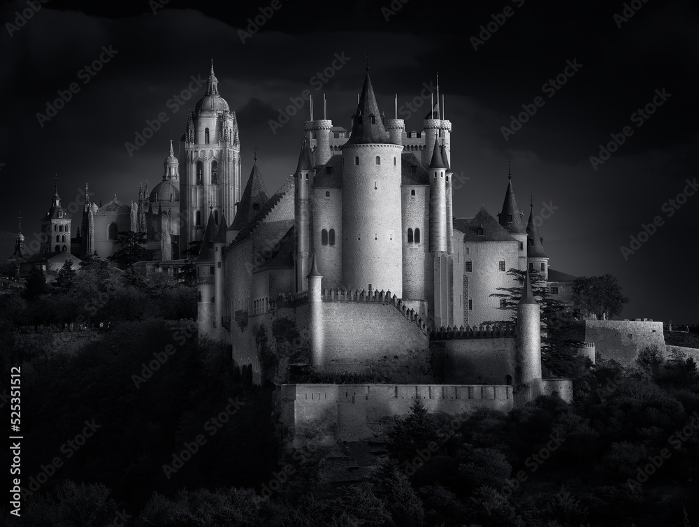 Famoso Alcázar de Segovia,catedral, muralla y ciudad medieval de Segovia,España, Castilla y Leon.rodeado de un bello bosque. Fotografía realizada en blanco y negro fine art