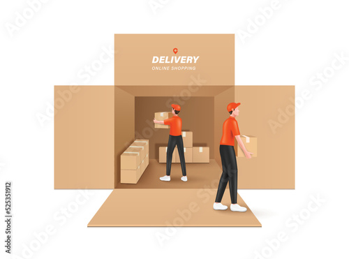 Male courier in orange uniform helps unload parcel from a large warehouse shaped like brown crate to deliver to customers,vector 3d isolated on white background for online shopping and delivery design