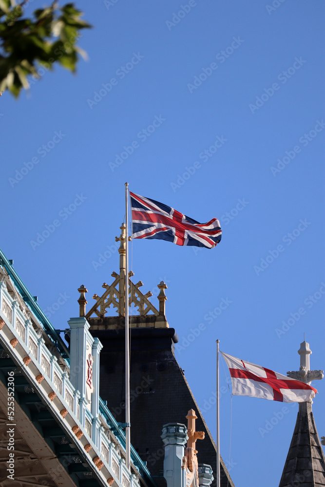British flag on the Tower bridge of London