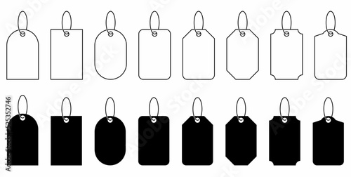 thin line silhouette price tags or gift tags in different shapes isolated on white background