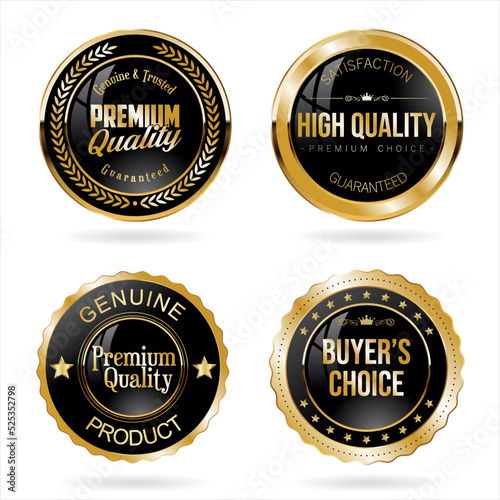 Collection of black and gold quality badges and labels 