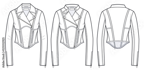 Women's leather biker Jacket technical fashion Illustration.  Outerwear Jacket fashion flat technical drawing template, slim fit, zip up, front and back view, white colour, CAD mockup, set.