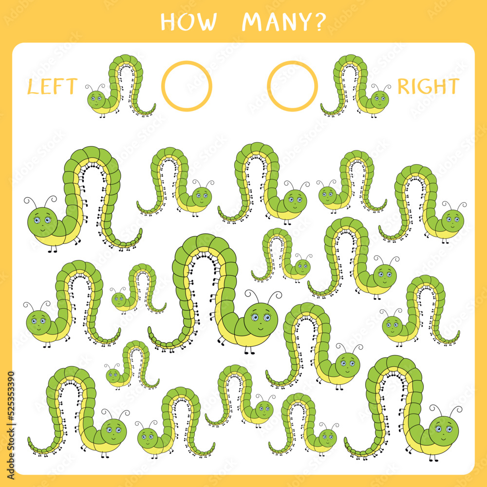 Simple educational game for kids. Count how many worms goes to the left and to the right and write the result. Vector worksheet Simple educational game for kids. Count how many worms goes to the left and to the right and write the result. Vector worksheet