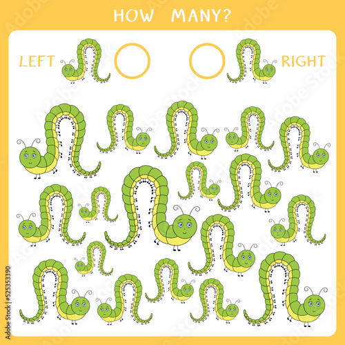 Simple educational game for kids. Count how many worms goes to the left and to the right and write the result. Vector worksheet