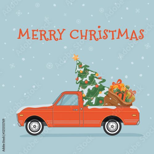 Holiday card. Red old vintage pickup truck with snow crowded decorated Christmas tree and present bag. Vector flat illustration