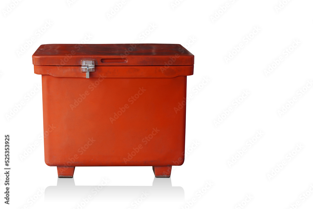 old orange plastic Ice bucket on white background, object, container, comfortable, copy space old orange plastic Ice bucket on white background, object, container, comfortable, copy space