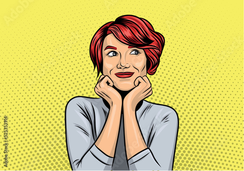 Pop art style. Portrait of a girl with red hair on a yellow background, who is dreaming. hands near her face, eyes look up