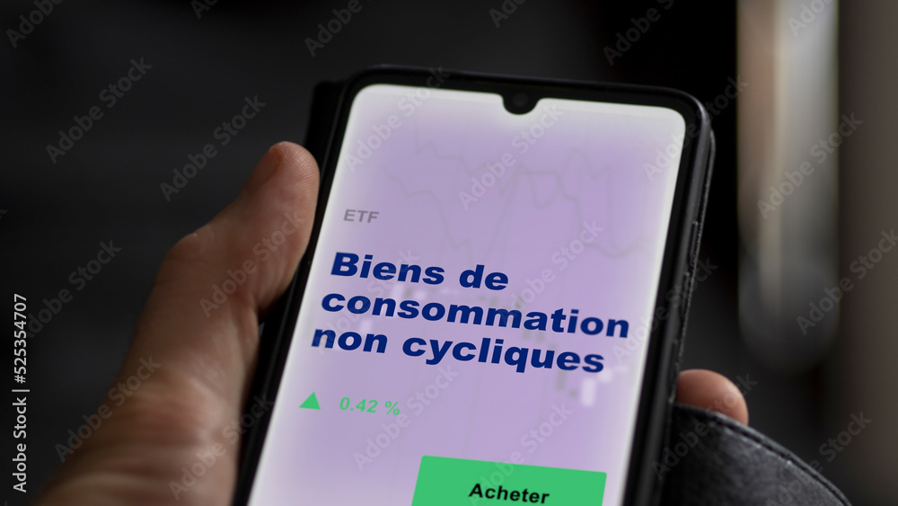 Investir dans un fonds etf biens de consommation non cycliques actions en bourse sur un écran. Graphique, courbes, chandelles d'ETF. Investir dans un fonds etf biens de consommation non cycliques actions en bourse sur un écran. Graphique, courbes, chandelles d'ETF.