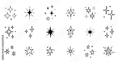 Line star glitter shine of doodle set. Star shine glow  spark glitter  sparkle light vector illustration. Hand drawn sketch doodle style..