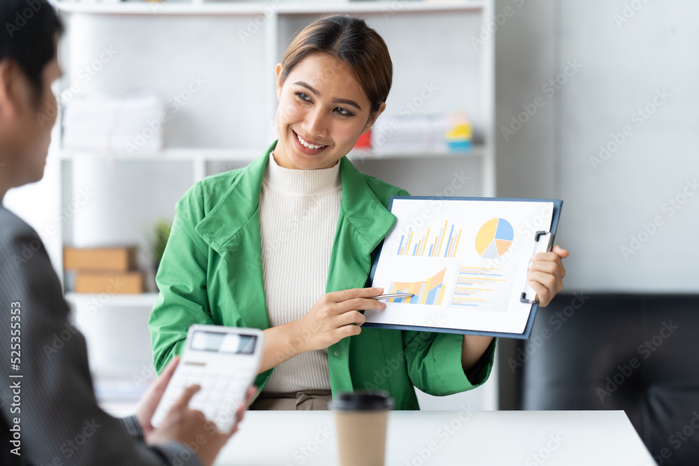 Portrait of investment advisor businesswoman sitting at office in front of computer and consulting with young professional man. Portrait of investment advisor businesswoman sitting at office in front of computer and consulting with young professional man.