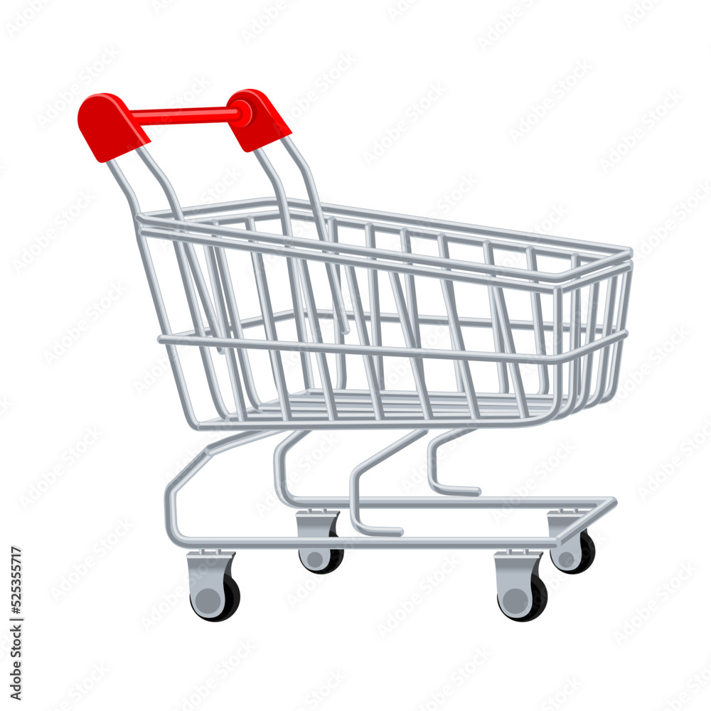 Supermarket self service empty trolley with red handle realistic vector illustration. Supermarket self service empty trolley with red handle realistic vector illustration.