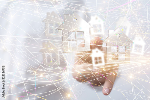 home data. Digital cyberspace with particles and Digital data network connections concept.