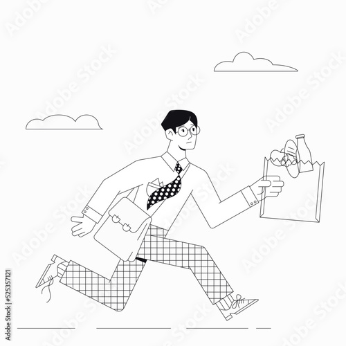 A young man hurries home with groceries.The courier is in a hurry to deliver the products to the customer.Line.The concept of food delivery to the house.Stock vector illustration of food delivery man.