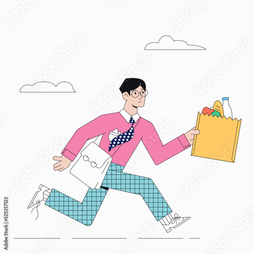 A young man hurries home with groceries.The courier is in a hurry to deliver the products to the customer.The concept of food delivery to the house.Stock vector illustration of food delivery man.