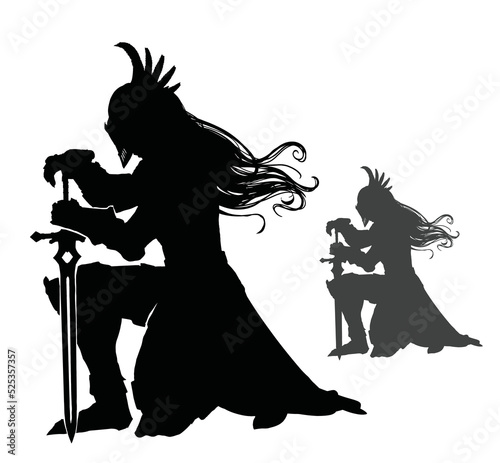 A black silhouette with a warrior girl, she is a valkyrie in plate armor crouched on one knee, she prays leaning on a sword, she has a winged helmet and long hair. 2d vector art.