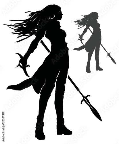 A black silhouette with a warrior girl, she has long African dreadlocks fluttering in the wind, in one hand an unusual double-sided dagger knuckles, and in the other a beautiful spear, 2d vector art.