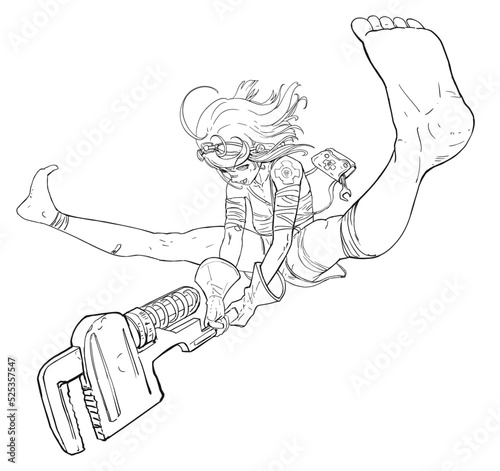 A cute and energetic anime girl makes a swing with a heavy wrench after an extreme acrobatic flip, she smiles with an oar, she does not have mechanic glasses, bandages and a bag. 2d action line art