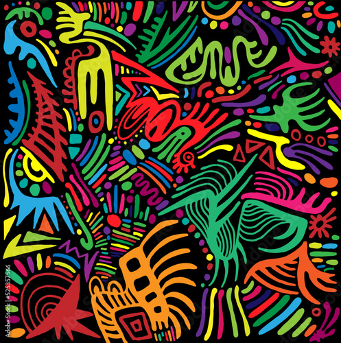 Primitive psychedelic colorful patterns, isolated on black background. Fantastic art with decorative simple background. Surreal doodle style. Rainbow abstract texture.