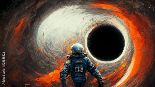 Print op canvas Astronaut flying into black hole