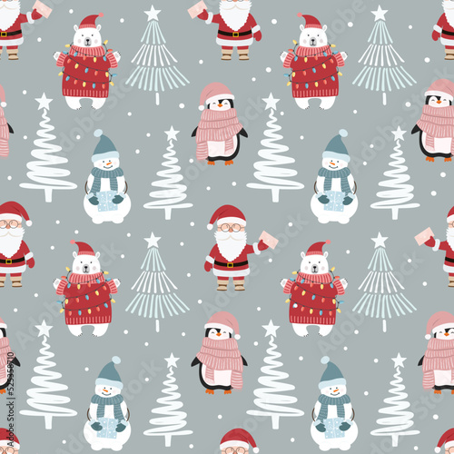 Christmas seamless pattern with cute cartoon penguin, polar bear, Santa Claus, snowman and christmas tree.