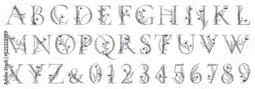Silver floral alphabet, gray foil monogram letters with black line art flowers, buds and leaves, botanical alphabet isolated on white background