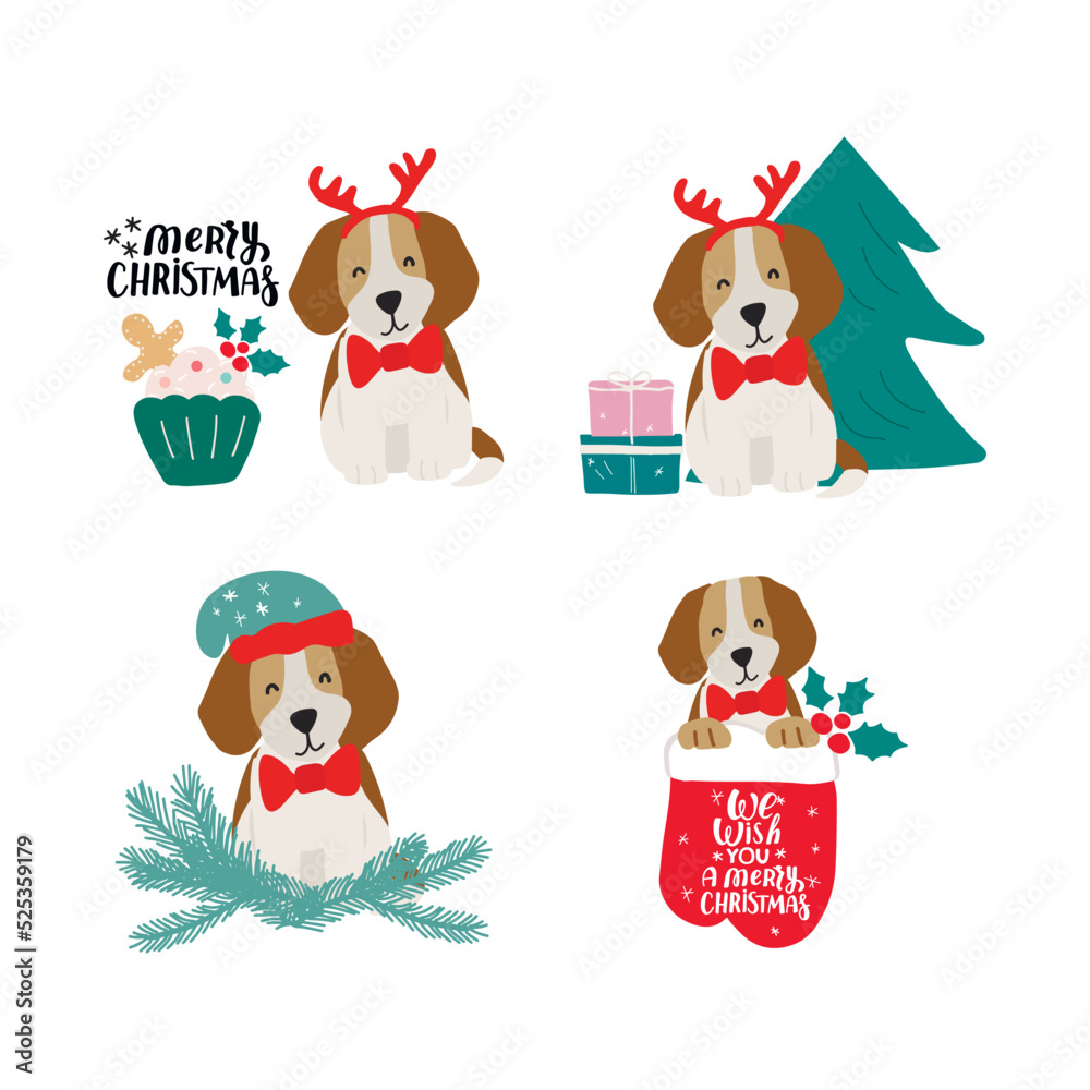 Christmas puppy dog beagle. Merry Christmas for dog lover. Cute cartoon vector illustration. Holidays design element for greeting cards, stickers, t shirt, poster.