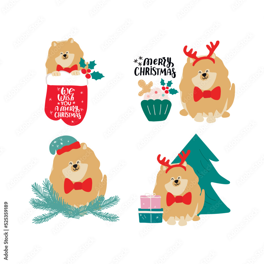 Christmas puppy dog pomeranian. Merry Christmas for dog lover. Cute cartoon vector illustration. Holidays design element for greeting cards, stickers, t shirt, poster.