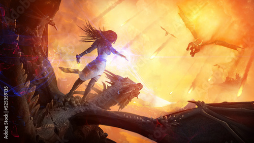 A brave sorceress girl is flying standing on the back of a black dragon, saving magic for battle with demonic creatures causing a meteor shower on a fantasy kingdom around bright sunset. 3d rendering.