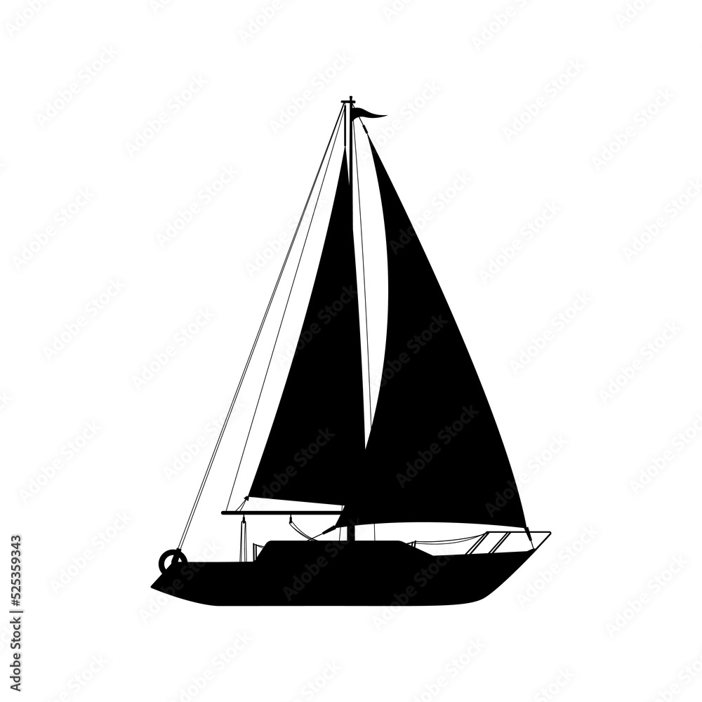Sailboat black silhouette. Sailboat black shape. Sailboat in a side view.