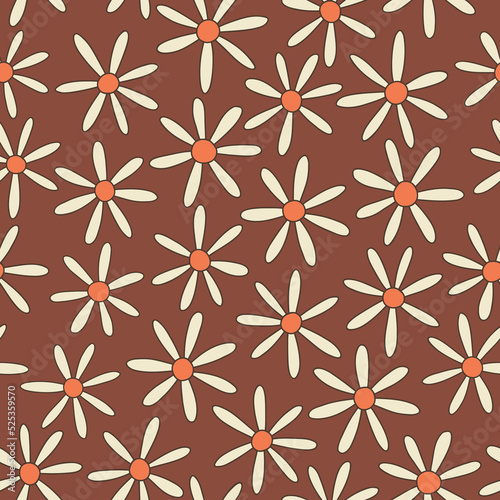 Colorful Ditsy Hand-Drawn Floral Vector Seamless Pattern. Retro 70s Style Nostalgic Daisies. Fashion Textile Bold Background. Summer Resort Print. Flower Power