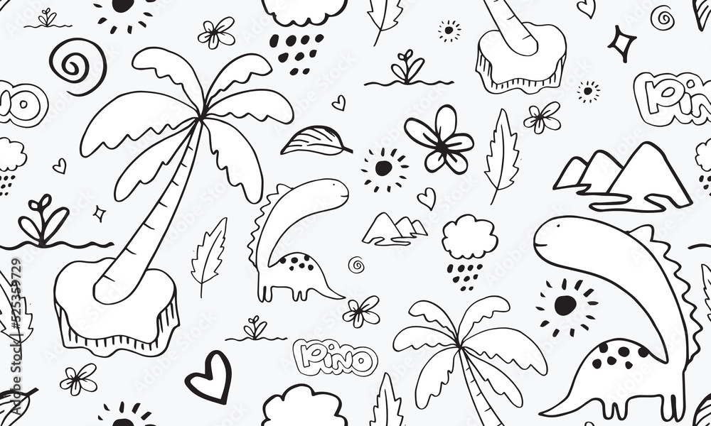 Obraz premium Dino. Seamless pattern. Vector illustration in doodle style. Hand drawn.Hand drawn children's pattern for fashion clothes, shirt, textile.