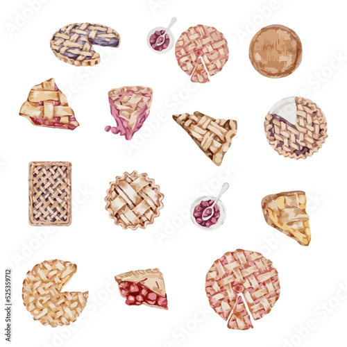 Set of pie cake in water color style vector illustration