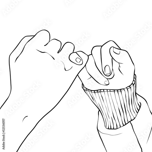 Pinky promise. The contour of hands, the promise to be together. Black outline of little fingers. Vector illustration of a pair of people's hands swearing on a white background.