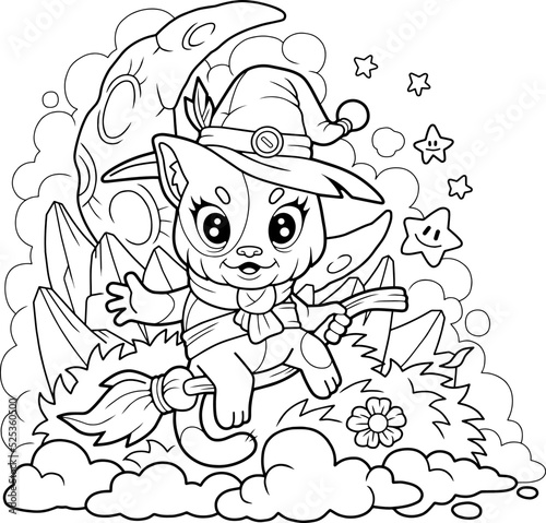 cute little witch cat, coloring book for children, outline illustration