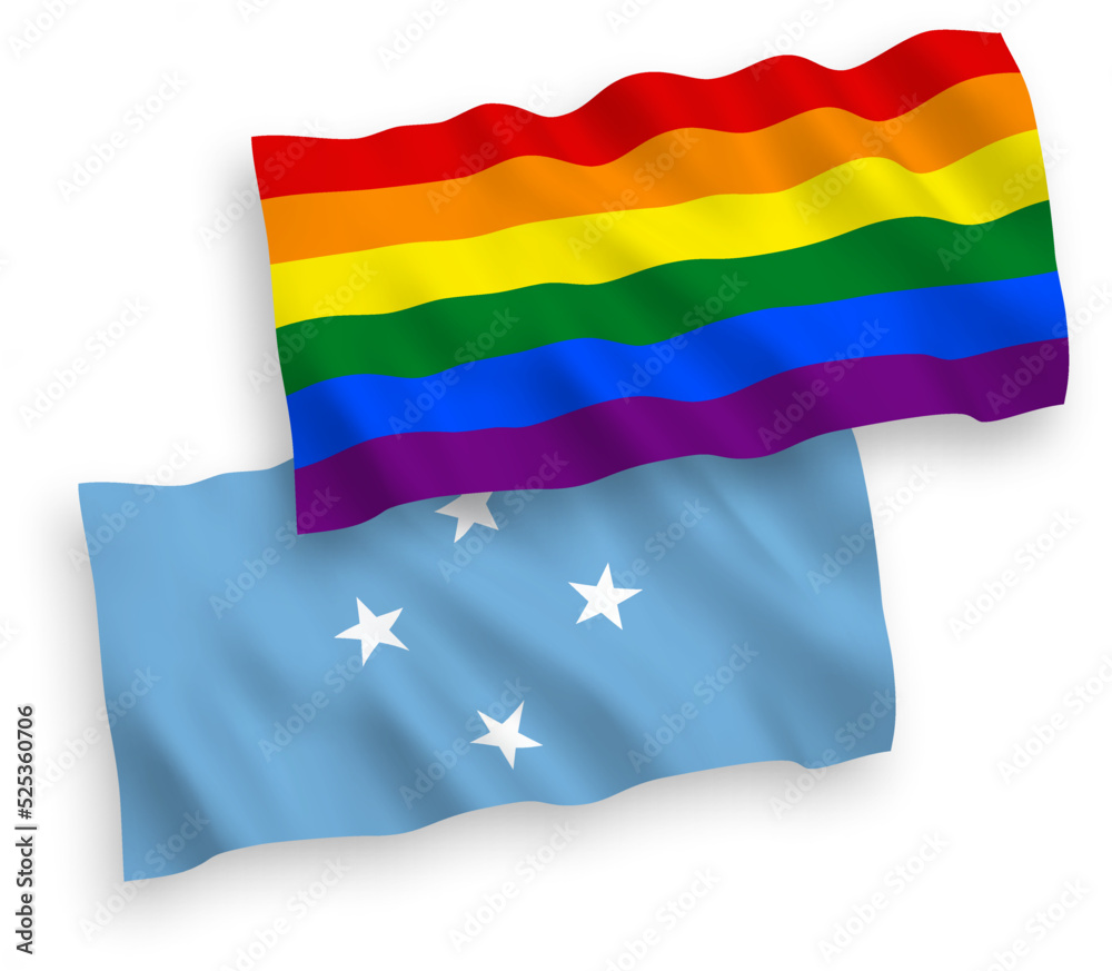 Fototapeta premium National vector fabric wave flags of Federated States of Micronesia and Rainbow gay pride isolated on white background. 1 to 2 proportion.