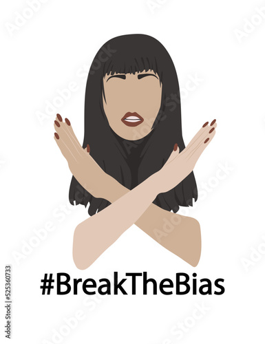 Break the bias concept Head of light skinned woman with dark straight hair crosses their arms in protest Women's gesture for equality Vector illustration isolated on white background