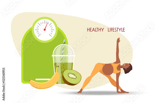 Healthy lifestyle during pregnancy. Pregnant African American woman doing yoga, scales, smoothies, fruits. Healthy habits. Woman in sportswear makes Triangle Pose. Women healthy life style concept