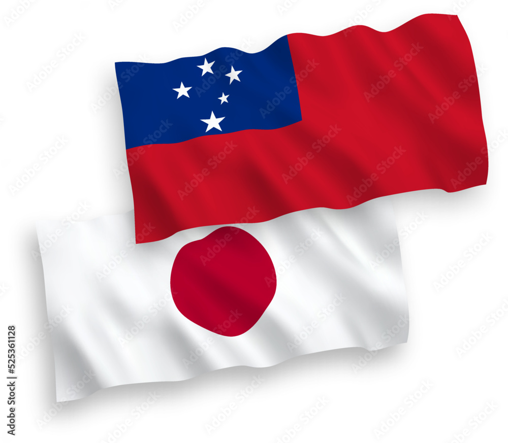 National vector fabric wave flags of Japan and Independent State of Samoa isolated on white background. 1 to 2 proportion.