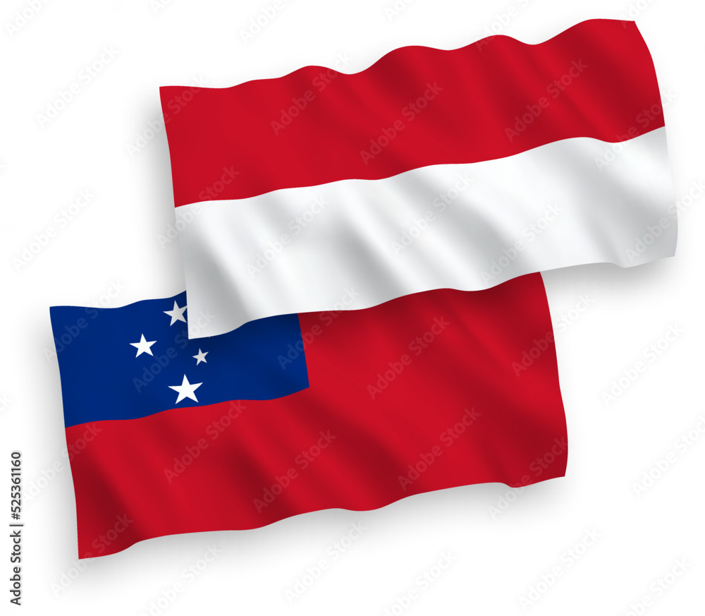National vector fabric wave flags of Indonesia and Independent State of Samoa isolated on white background. 1 to 2 proportion. National vector fabric wave flags of Indonesia and Independent State of Samoa isolated on white background. 1 to 2 proportion.