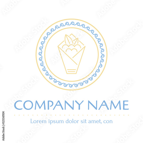 Greek traditional fast food, souvlaki or gyros icon. Design element, line simple logo with meander ornament.