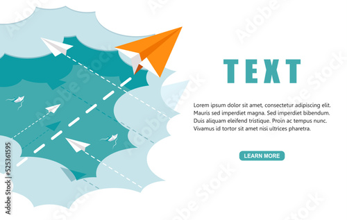 One Orange paper plane flying faster above the clouds. Vector illustration flat design for poster, banner, presentation, template, and background.