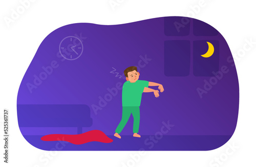 sleepy boy sleepwalker walks at night sleepwalking somnambulism vector illustration